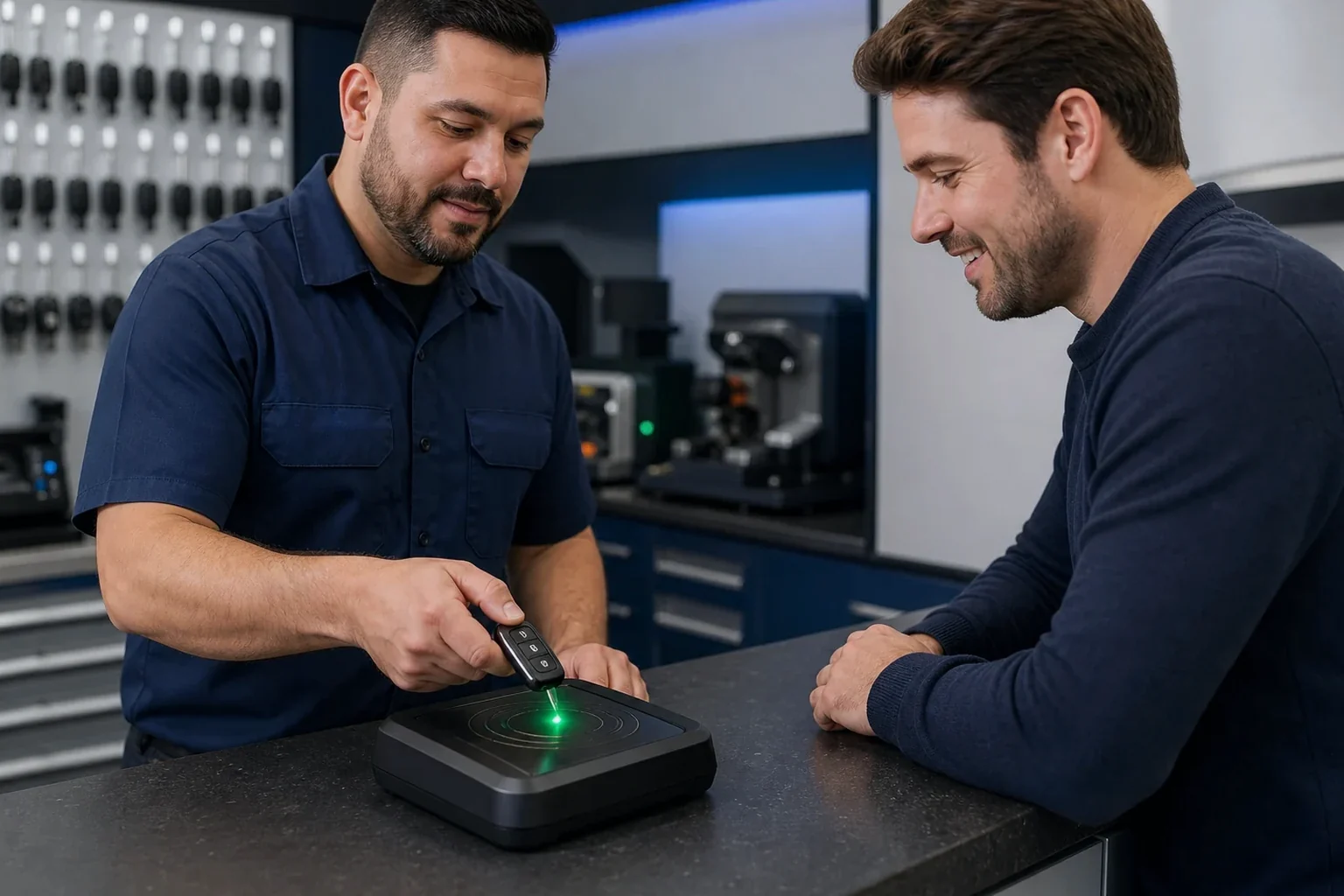 Chaveiro programando um controle remoto em Umuarama, com foco nas ferramentas e tecnologia.