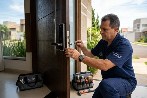 Fechadura digital em uma porta em Umuarama, mostrando a modernidade e tecnologia.